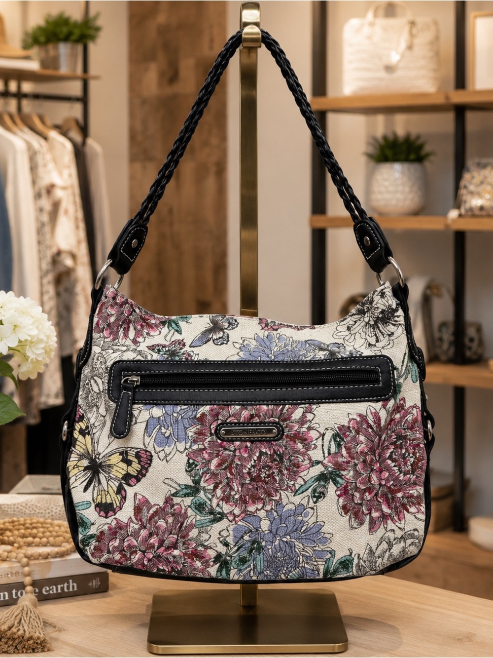 Stone & Co Floral Butterfly Tapestry Shoulder Bag Braided Strap Hobo